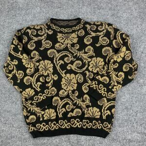 Alfred Dunner Sweater Womens Petite L Black Gold Floral Baroque Knit Vintage